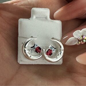 Silver and Red Crescent Moon Earrings with Gemstone Accents